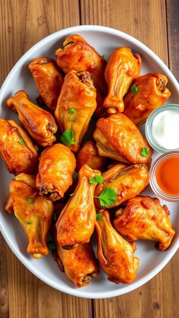 Crispy golden chicken wings on a plate with dipping sauces and fresh parsley garnish.